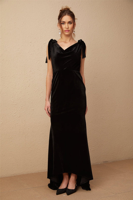 Vittoria Black Velvet Maxi Dress with Open Back Bow Detail and Faux-Pearl Adornments