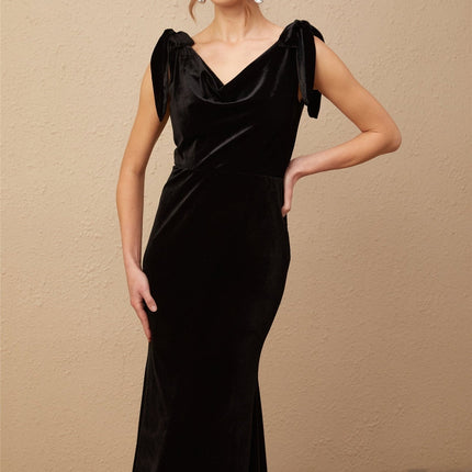 Vittoria Black Velvet Maxi Dress Cowl Neck Open Back Bow Faux-Pearls Train Design Rear Zip Fastening Sleeveless Special Occasions Elegant Sophisticated Opulent Regal