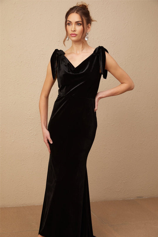 Vittoria Black Velvet Maxi Dress Cowl Neck Open Back Bow Faux-Pearls Train Design Rear Zip Fastening Sleeveless Special Occasions Elegant Sophisticated Opulent Regal