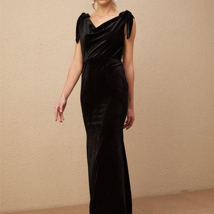 Vittoria Black Velvet Maxi Dress with Open Back Bow Detail and Faux-Pearls