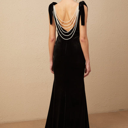 Vittoria Black Velvet Maxi Dress with Open Back Bow and Faux-Pearl Detail