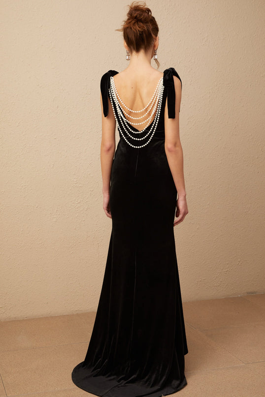 Vittoria Black Velvet Maxi Dress with Open Back Bow and Faux-Pearl Detail