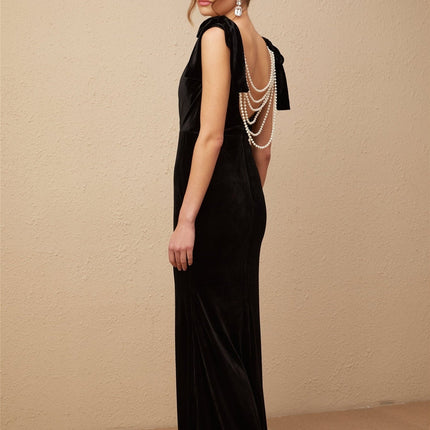 Vittoria Black Velvet Maxi Dress with Open Back Bow and Faux-Pearl Detail