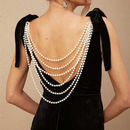 Vittoria Black Velvet Maxi Dress Cowl Neck Open Back Bow Faux-Pearls Train Design Sleeveless Rear Zip Fastening