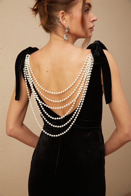 Vittoria Black Velvet Maxi Dress Cowl Neck Open Back Bow Faux-Pearls Train Design Sleeveless Rear Zip Fastening