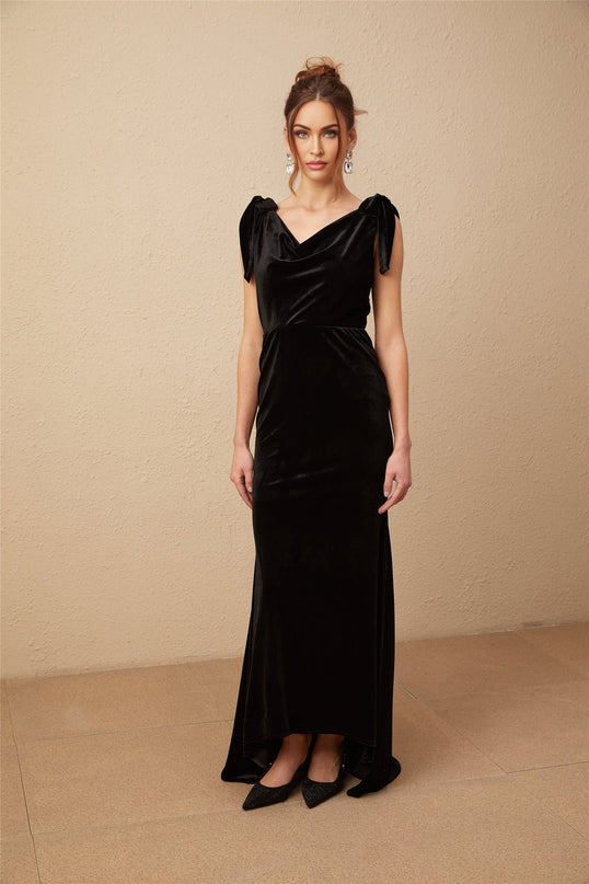 Vittoria Black Velvet Maxi Dress with Cowl Neck and Open Back Bow detail adorned with Faux-Pearls