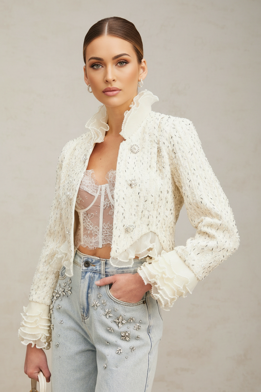 A cropped white jacket with beaded embellishments and ruffled details named Blanche | Hair Updated