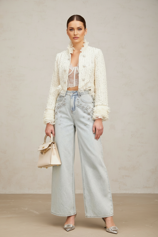 White cropped jacket with beaded details and ruffle trim | Hair Updated
