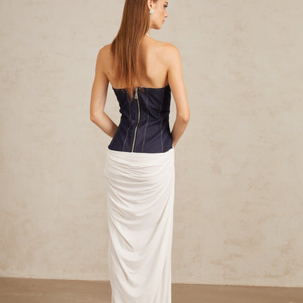 Vittoria White Indigo Blue Maxi Dress Halterneck Fitted Waistline Boned Bodice Denim Panelling Color Blocked Front Slit Rear Zip Fastening Terylene Fiber Statement Piece