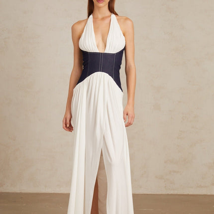 Vittoria White Indigo Blue Halterneck Maxi Dress Boned Bodice Front Slit Rear Zip Terylene Fiber