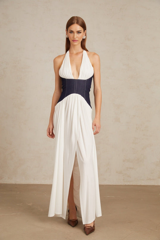 Vittoria White Indigo Blue Halterneck Maxi Dress Boned Bodice Front Slit Rear Zip Terylene Fiber