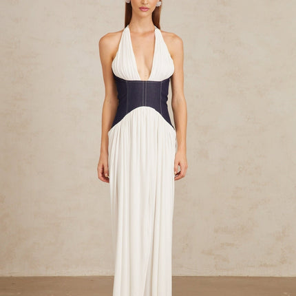 Vittoria Maxi Dress White Indigo Blue Halterneck Fitted Waistline Boned Bodice Denim Panelling Color Blocked Front Slit Rear Zip Fastening Terylene Fiber Maxi length