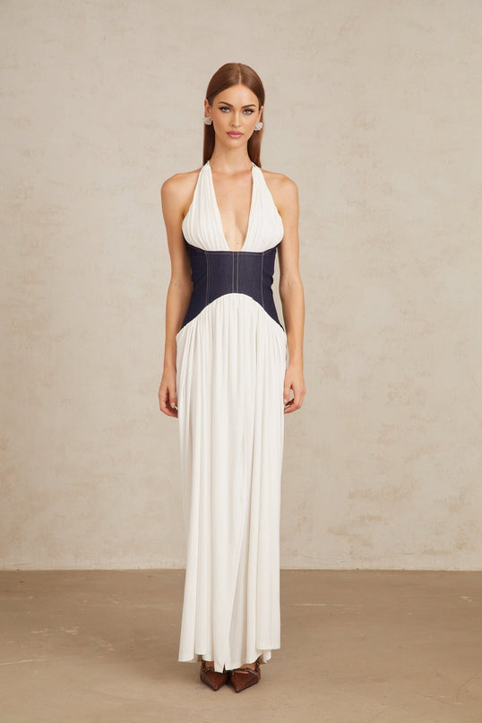 Vittoria Maxi Dress White Indigo Blue Halterneck Fitted Waistline Boned Bodice Denim Panelling Color Blocked Front Slit Rear Zip Fastening Terylene Fiber Maxi length