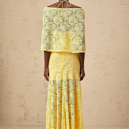 Vittoria Yellow Maxi Dress Halterneck Chantilly Lace Cape Design Flared Hem