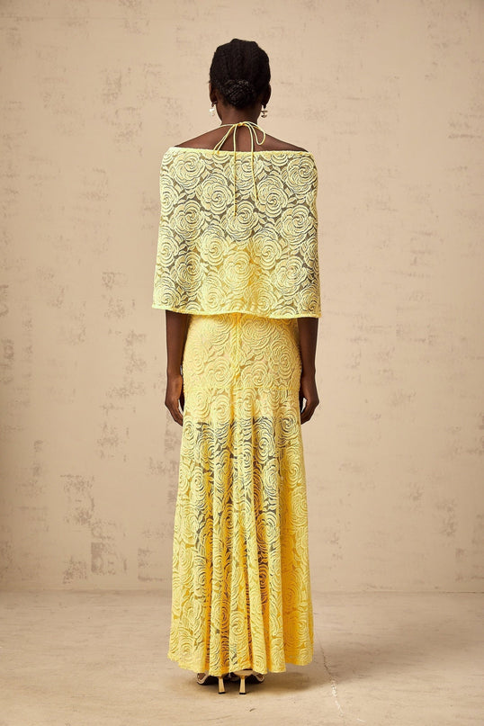 Vittoria Yellow Maxi Dress Halterneck Chantilly Lace Cape Design Flared Hem