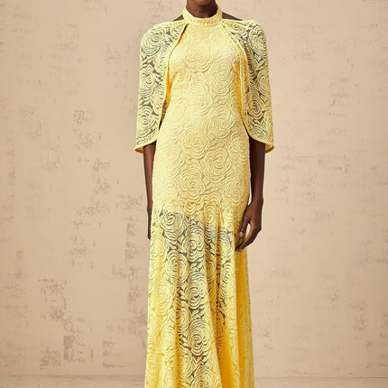 Vittoria Maxi Dress Yellow Halterneck Chantilly Lace Cape Flared Hem