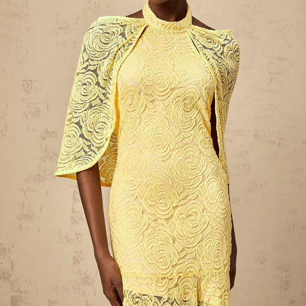 Vittoria Yellow Maxi Dress Halterneck Chantilly Lace Pleated Cape Flared Hem