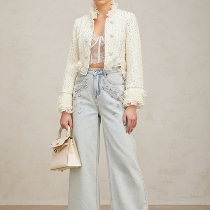 Vittoria White Beaded Ruffle Cropped Jacket with Faux-Pearl Embellishment