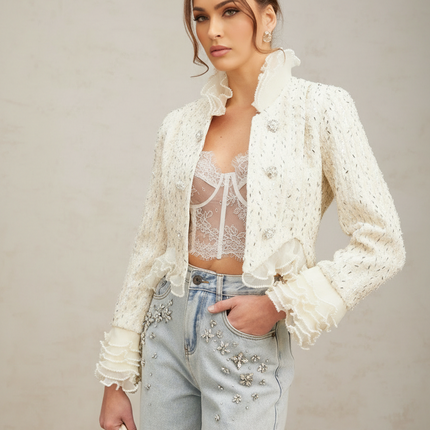 Vittoria White Beaded Ruffle Cropped Jacket with Faux-Pearl Embellishment and Decorative Buttons