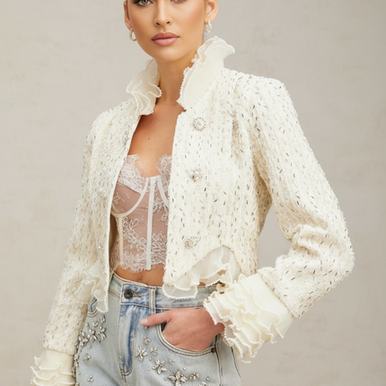 Vittoria White Beaded Ruffle Cropped Jacket with Faux-Pearl Embellishment