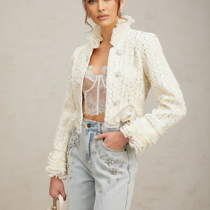 Vittoria White Beaded Ruffle Cropped Jacket Terylene Fiber Faux-Pearl Embellishment