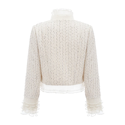 Vittoria White Beaded Ruffle Cropped Jacket Faux-Pearl Embellishment Terylene Fiber