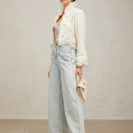 Vittoria White Beaded Ruffle Cropped Jacket with Faux-Pearl Embellishment and Frilled Edge