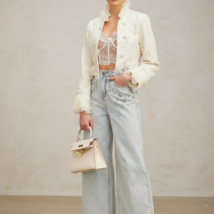 Vittoria White Beaded Ruffle Cropped Jacket Faux-Pearl Embellishment Terylene Fiber