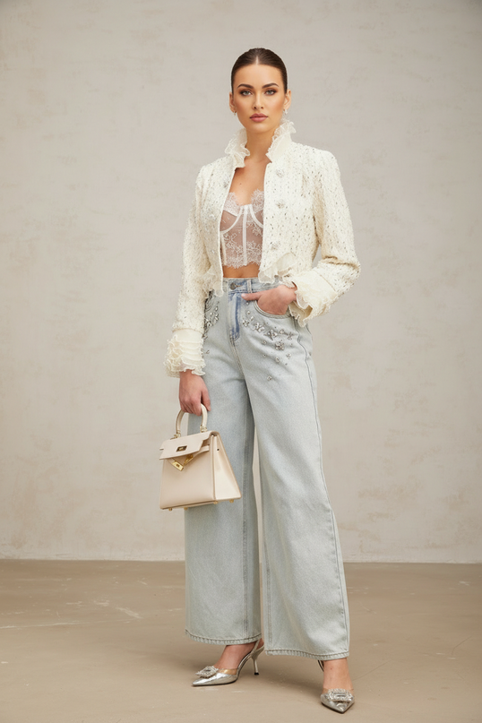 Vittoria White Beaded Ruffle Cropped Jacket Faux-Pearl Embellishment Terylene Fiber