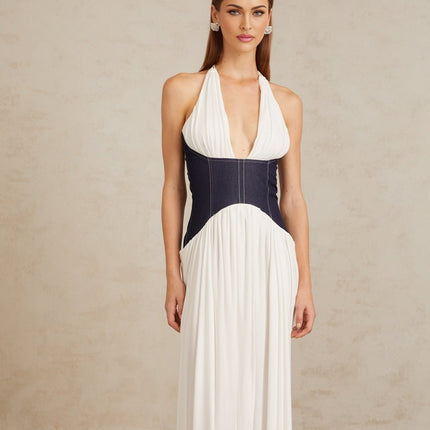Vittoria White Indigo Blue Maxi Dress Halterneck Fitted Waistline Boned Bodice Denim Panelling Color Blocked Front Slit Rear Zip Fastening Terylene Fiber Statement Piece