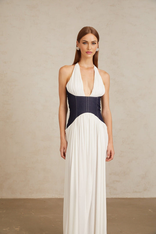 Vittoria White Indigo Blue Maxi Dress Halterneck Fitted Waistline Boned Bodice Denim Panelling Color Blocked Front Slit Rear Zip Fastening Terylene Fiber Statement Piece