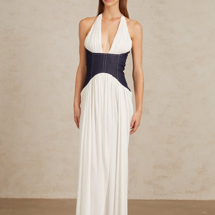 Vittoria White Indigo Blue Maxi Dress Halterneck Fitted Waistline Boned Bodice Denim Panelling Color Blocked Front Slit Rear Zip Fastening Terylene Fiber