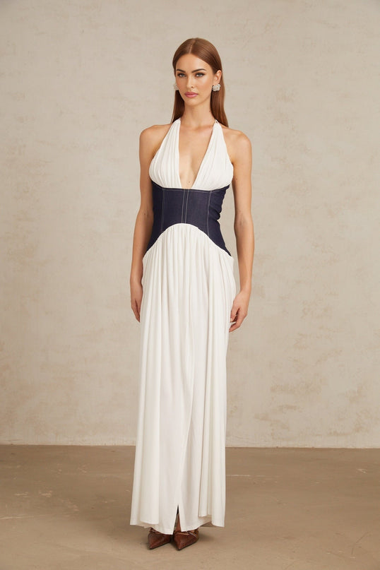 Vittoria White Indigo Blue Maxi Dress Halterneck Fitted Waistline Boned Bodice Denim Panelling Color Blocked Front Slit Rear Zip Fastening Terylene Fiber