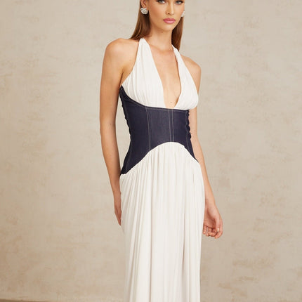 Vittoria White Indigo Blue Maxi Dress Halterneck Fitted Waistline Boned Bodice Denim Panelling Color Blocked Front Slit Rear Zip Fastening Terylene Fiber Statement Piece