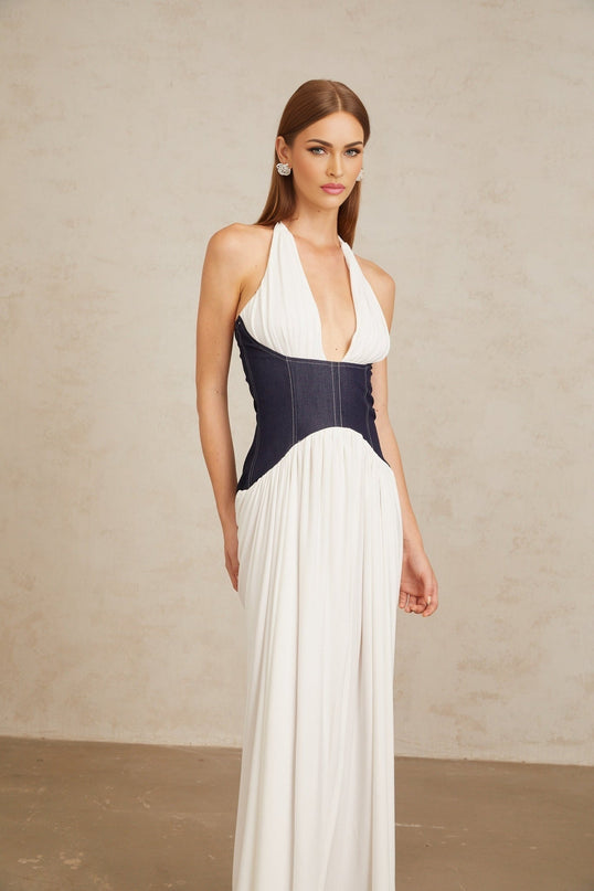 Vittoria White Indigo Blue Maxi Dress Halterneck Fitted Waistline Boned Bodice Denim Panelling Color Blocked Front Slit Rear Zip Fastening Terylene Fiber Statement Piece