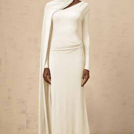 Vittoria White Maxi Dress Diagonal Shawl Fitted Ruched Silver Hardware Zip Fastening