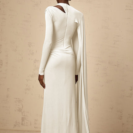 Vittoria White Maxi Dress Diagonal Shawl Fitted 95% Terylene 5% Spandex Ruched Detailing Silver-tone Hardware Rear Zip Fastening