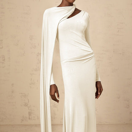 Vittoria White Maxi Dress Diagonal Shawl Fitted Terylene Spandex Ruched Silver-tone Hardware Zip Fastening Luxury Class