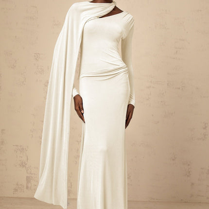 Vittoria White Maxi Dress Diagonal Shawl Fitted