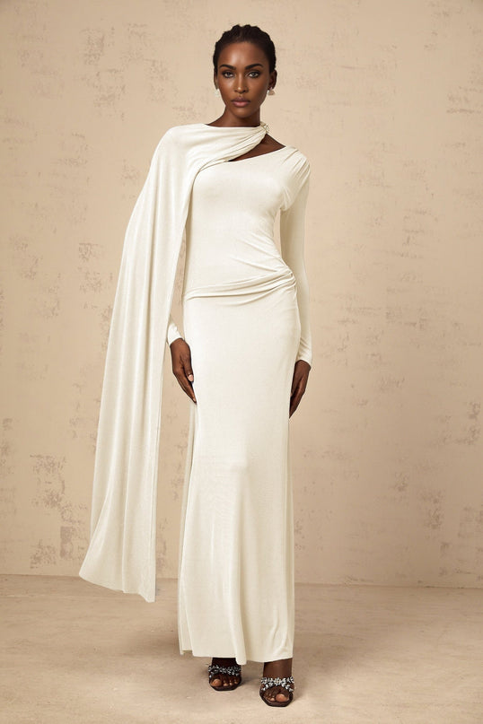 Vittoria White Maxi Dress Diagonal Shawl Fitted