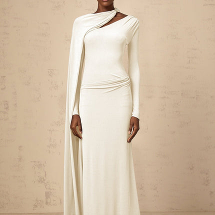 Vittoria White Maxi Dress Diagonal Shawl Fitted