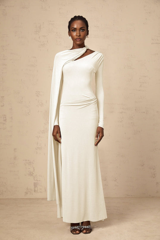 Vittoria White Maxi Dress Diagonal Shawl Fitted