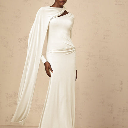 Vittoria White Maxi Dress Diagonal Shawl Fitted Terylene Spandex Ruched Silver-tone Hardware Zip Fastening