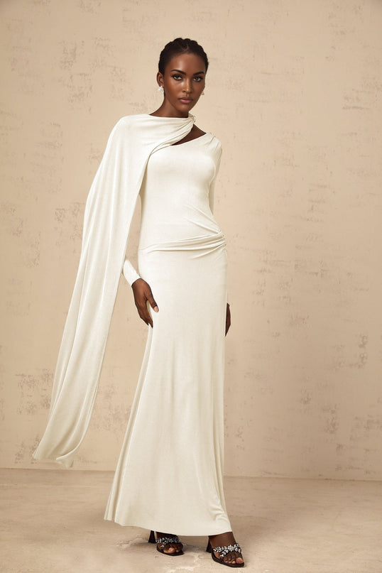 Vittoria White Maxi Dress Diagonal Shawl Fitted Terylene Spandex Ruched Silver-tone Hardware Zip Fastening
