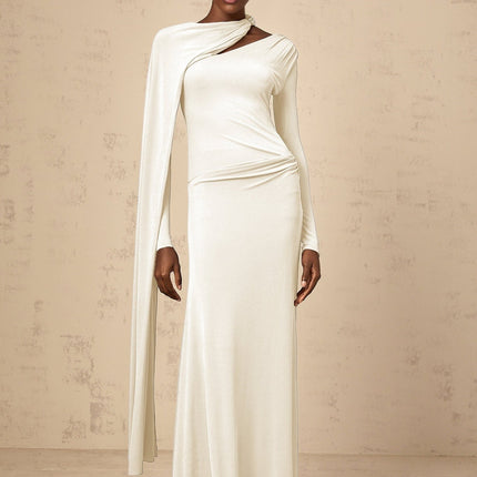 Vittoria White Maxi Dress Diagonal Shawl Fitted