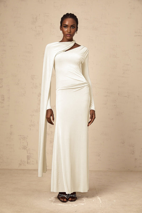 Vittoria White Maxi Dress Diagonal Shawl Fitted