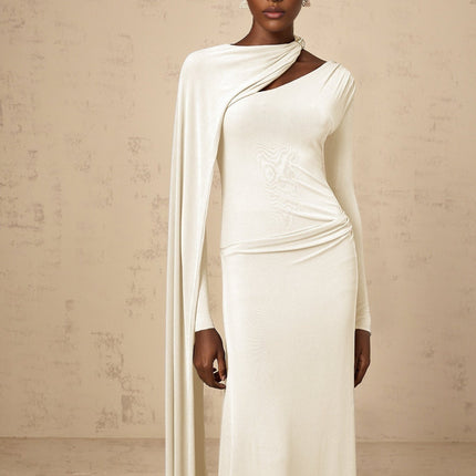 Vittoria White Maxi Dress Diagonal Shawl Fitted