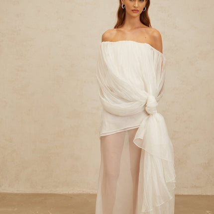 Vittoria White Top Skirt Set Tulle Fabric Draped Effect Elegant