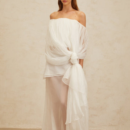 Vittoria White Top Skirt Set Tulle Fabric Asymmetrical Draped Elegant
