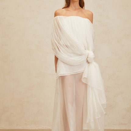 Vittoria White Top Skirt Set Tulle Draped Elegance